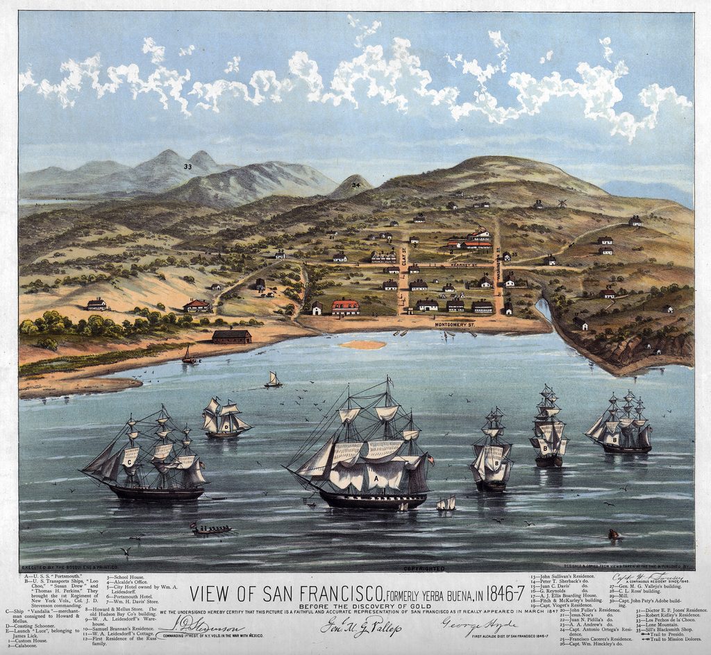 Ships in a calm bay before the small town of San Francisco from around 1846-7. The town contains just a few streets at this time.
