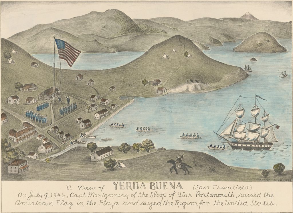 Image of a ship at the port of Yerba Buena. Several small boats row towards shore. An American flag flies over the town square.