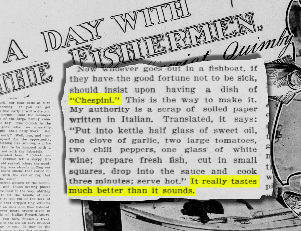 A newspaper clipping from the SF Call showing a recipe for "chespini."
