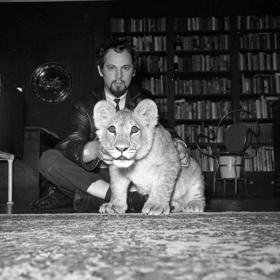 A man with a goatee sits on the floor of a library. Just in front of him is a small lion cub.