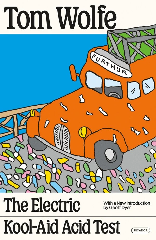 Illustrated cover art reading "Tom Wolfe, The Electric Kool-Aid Acid Test." The art itself shows a highly simplified drawing of an orange school bus with the text "FURTHUR" written at the top.