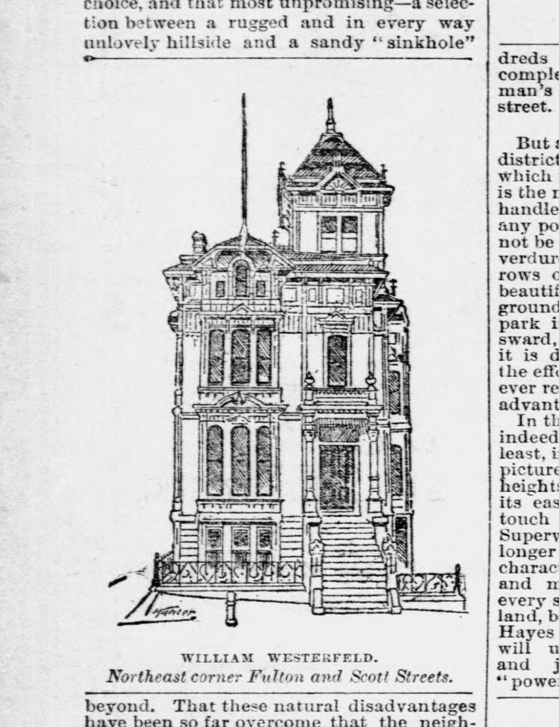 A newspaper clipping showing a large mansion. Text in the clipping reads "William Westerfeld. Northeast corner Fulton and Scott Streets."